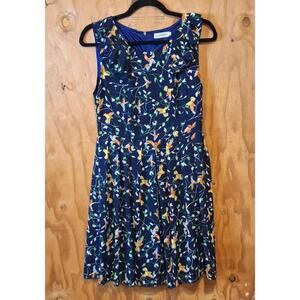 L.A. Soul Dress Women's Small Navy Blue Gold Birds Tropical Ruffle Fit & Flare